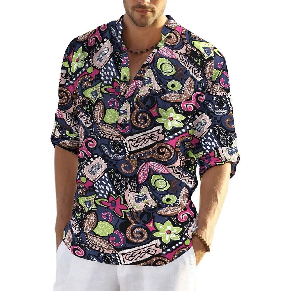 Coofandy Men's Cotton/Hemp Henley Shirt Long Sleeve Hippie Casual Beach‎ M